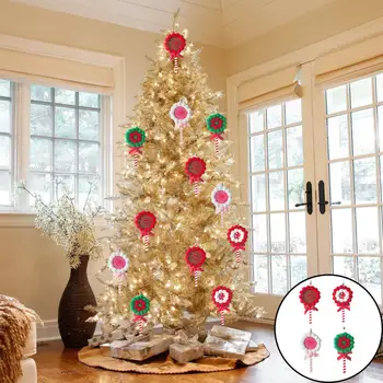 Декоративни празнична украса, на празничния интериор за дома, цветни висулки във формата на коледна елха във формата на леденца с лъкове в тон.