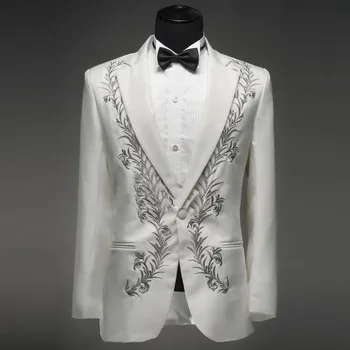 Сватбена мъжки костюм с бяла бродерия Casual 2 елемента. Последният Смокинг за бала, модерен мъжки костюми за младоженеца Masculino Trajes De Hombre
